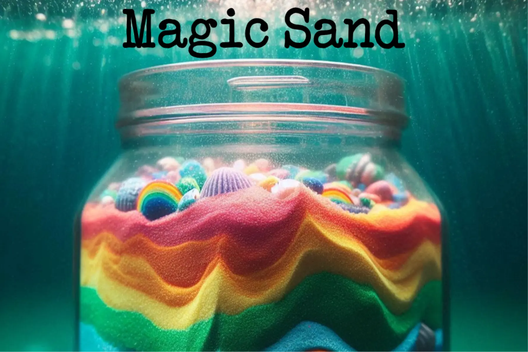 Image of a jar under water with color layered sand depicting the kid experiment titled, "Magic Sand." It is a link to this and other 'store run' needed experiments.