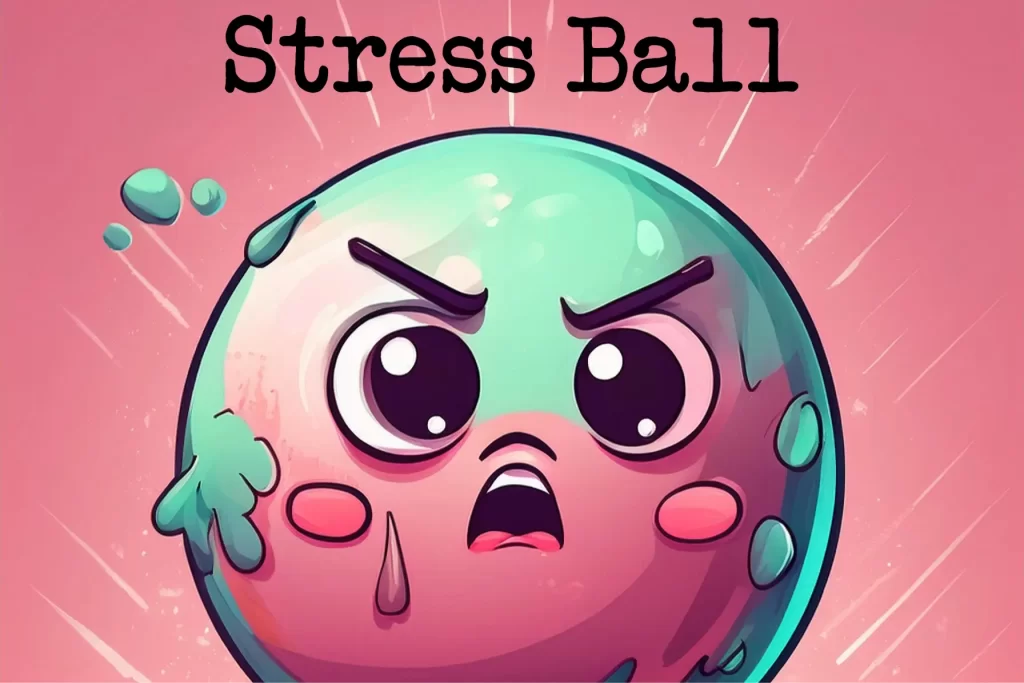 Image of an angry personified ball depicting the kid experiment titled, "Stress Ball." It is a link to this and other crafty experiments.